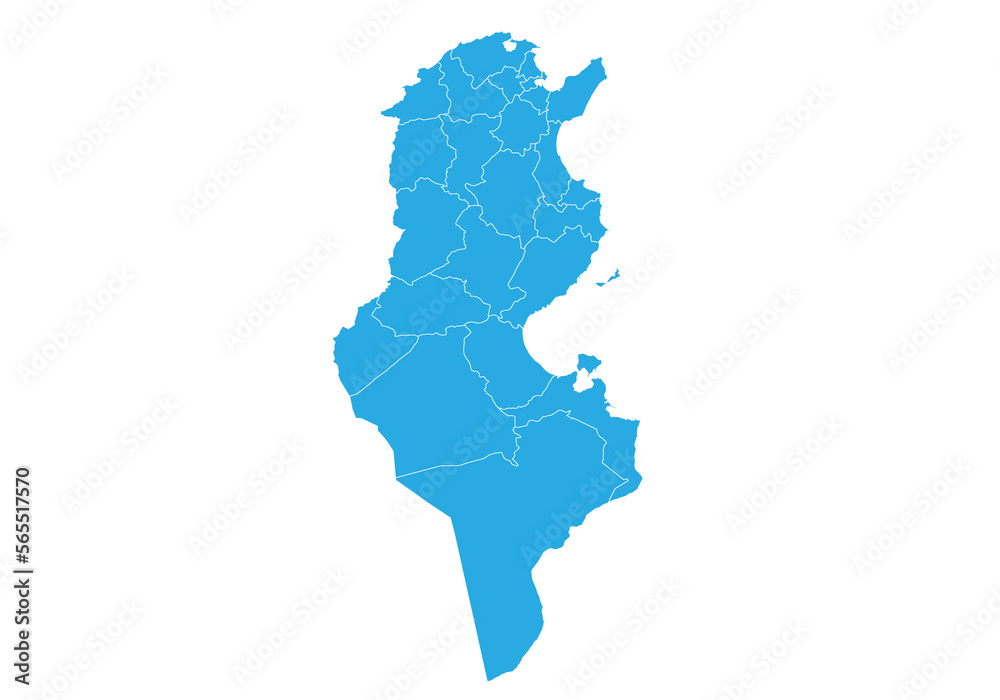 tunisia map. High detailed blue map of tunisia on PNG transparent background.
