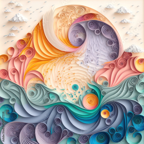 Generative AI illustration of paper art craft quilling concpetual image of psychic waves