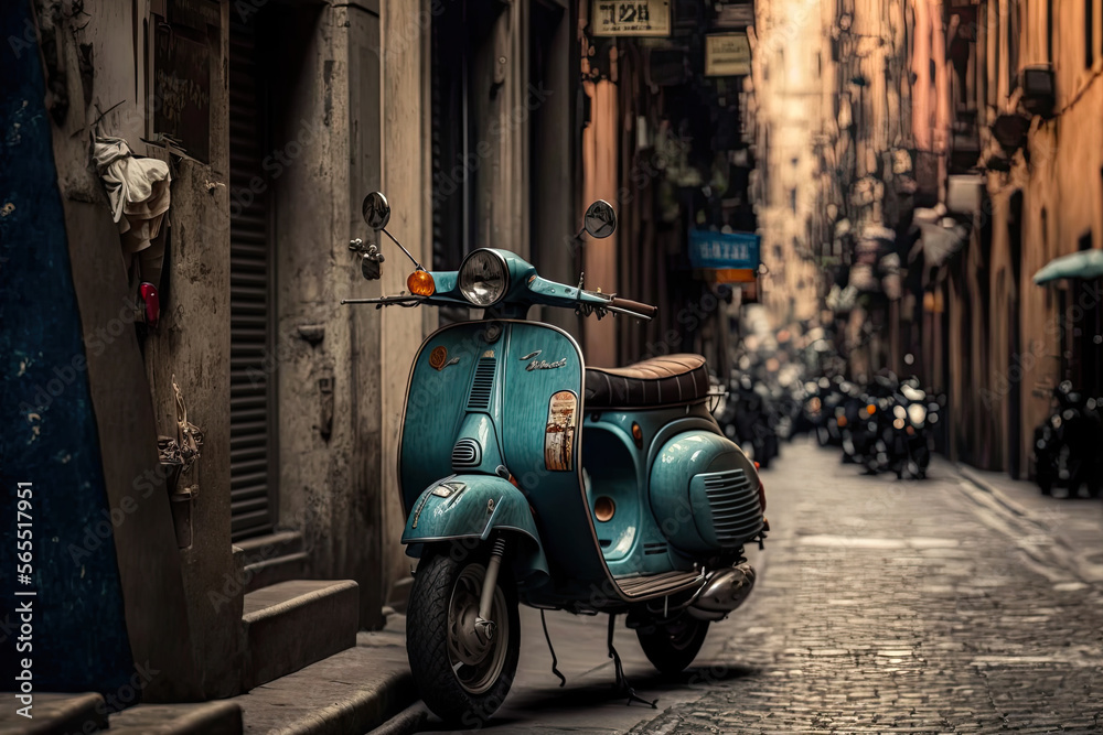 an old blue scooter on a street. Generative AI