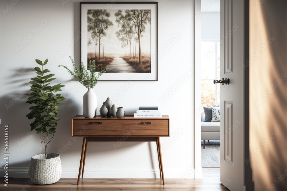 a living room with an entry table and a picture frame made by generative ai a living room with an entry table and a picture frame made by generative ai