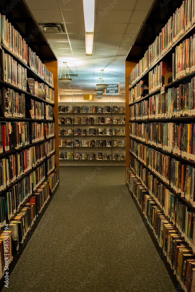 Aisle of books on bookshelves in public library Aisle of books on bookshelves in public library