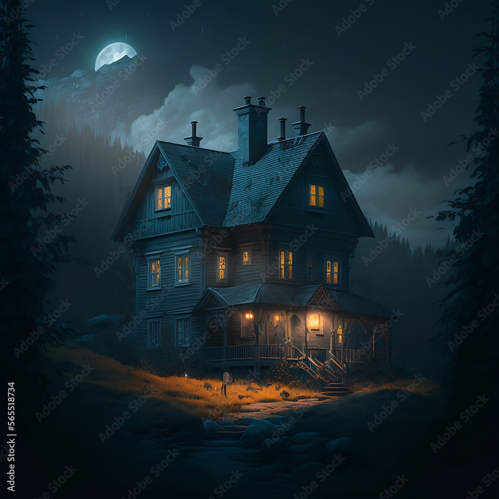A cinematic dark house at night. Generative AI A cinematic dark house at night. Generative AI
