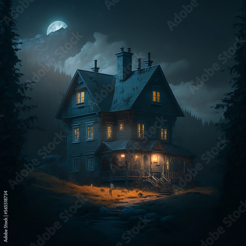 A cinematic dark house at night. Generative AI
