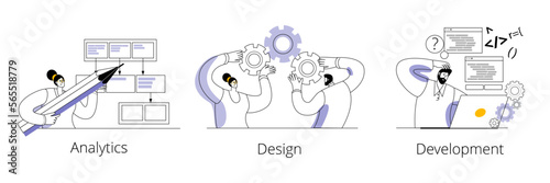 The team of characters develops the interaction scheme, develops the product architecture and programs. The concept of a vector illustration on the topic of team development of mobile applications.