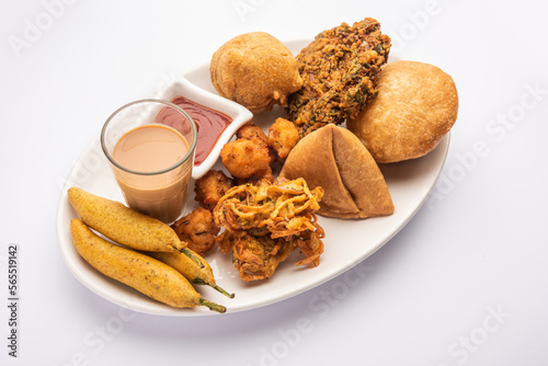 Indian snacks like samosa kachori, moong vada, pyaj pakora aloo bonda photo