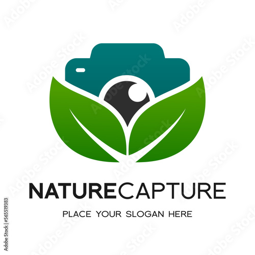 Nature capture vector logo template. This logo with camera and leaf symbol. Suitable for take a picture about nature.