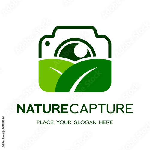 Nature capture vector logo template. This logo with camera and leaf symbol. Suitable for take a picture about nature.