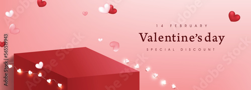 Valentine's day sale banner background with product table display and festive decoration for Valentine's day