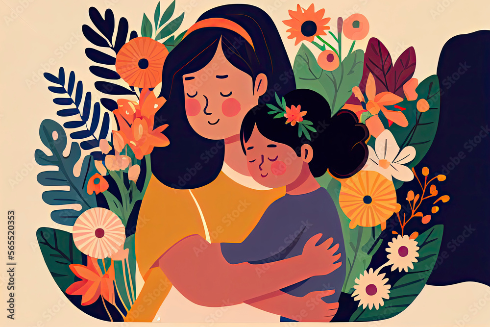 Asian woman hugs a child with care and love, happy child smiling. Flowers and leaves in the background