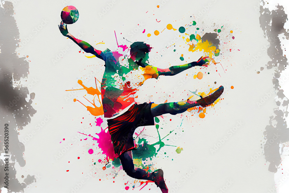 Abstract handball player jumping with the ball from splash of watercolors Abstract handball player jumping with the ball from splash of watercolors