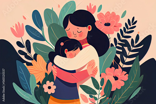 Asian woman hugs a child with care and love, happy child smiling. Flowers and leaves in the background