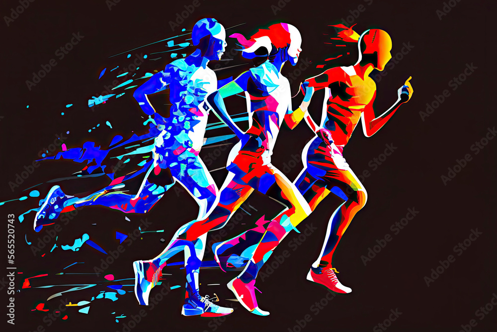 running athletes, sport and competition background with motion color effects of tirangle splints