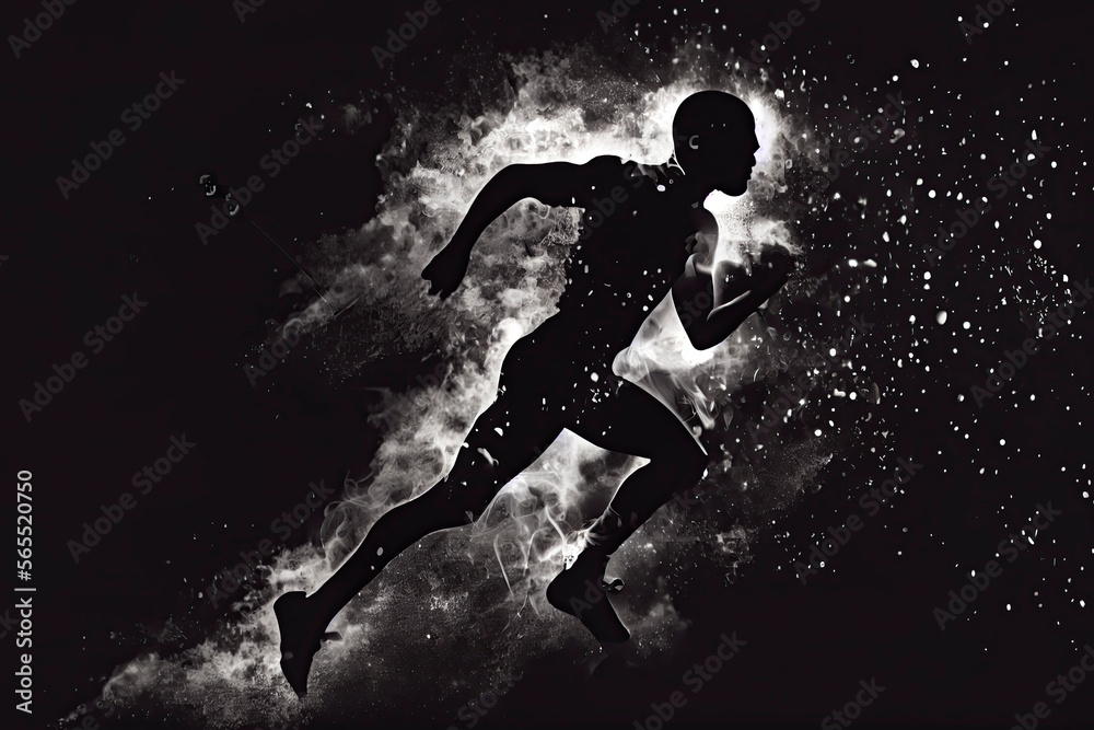 Abstract silhouette of a running athlete man on the dark, black background
