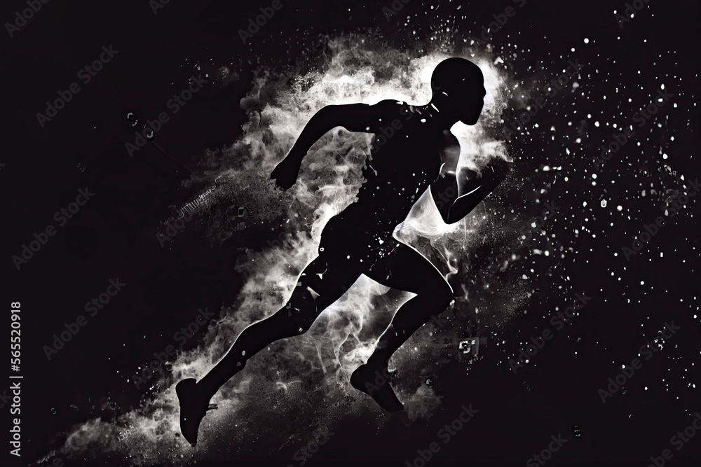 Naklejka premium Abstract silhouette of a running athlete man on the dark, black background