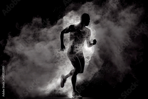 Abstract silhouette of a running athlete man on the dark, black background