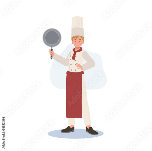 Full length of Confident chef woman holding pan.