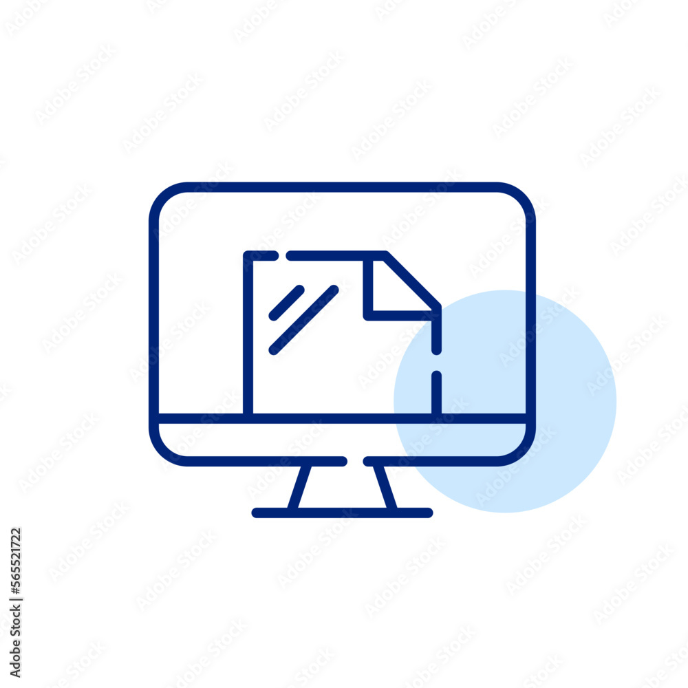 Desktop computer with file on it. Pixel perfect, editable stroke line icon Desktop computer with file on it. Pixel perfect, editable stroke line icon