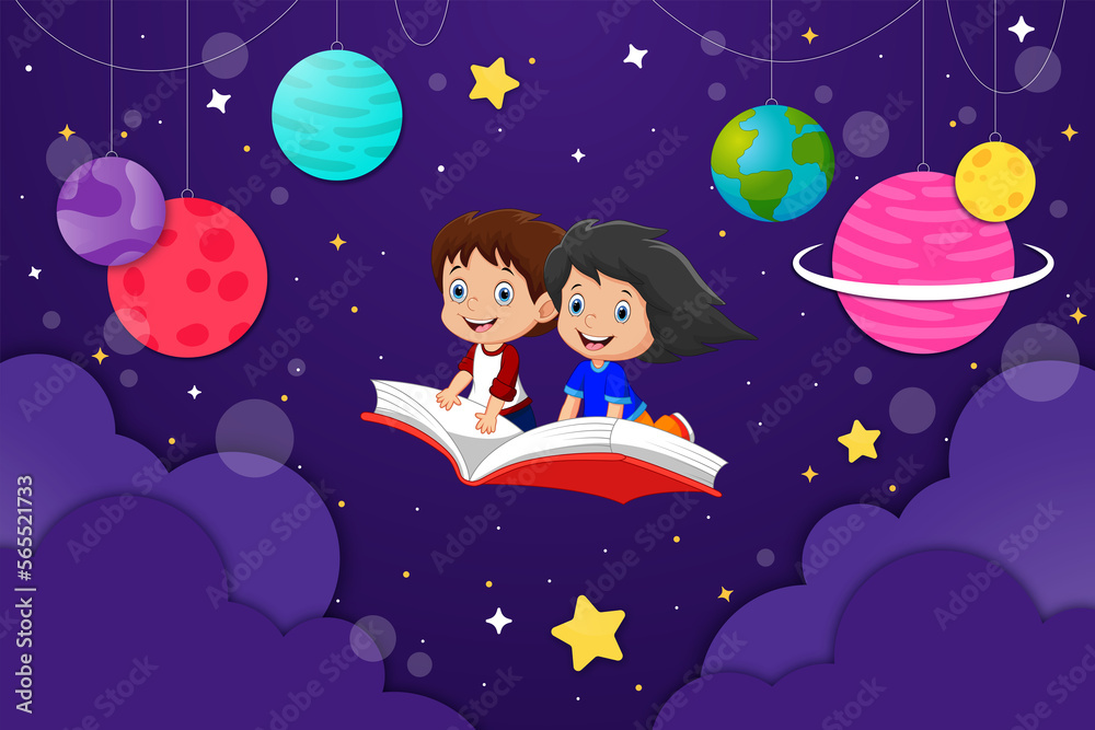 HAPPY KIDS READING BOOKS AND EXPLORING SPACE HAPPY KIDS READING BOOKS AND EXPLORING SPACE