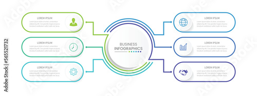 Modern infographic template. Creative circle element design with marketing icons. Business concept with 6 options, steps, sections.
