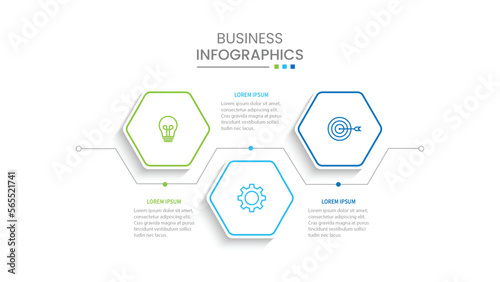 Business infographic design with 3 options. Vector thin line label with hexagons template.