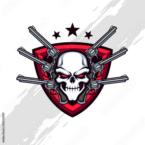 Skull with Six Gun Badge for Military or Shooting Sports Mascot