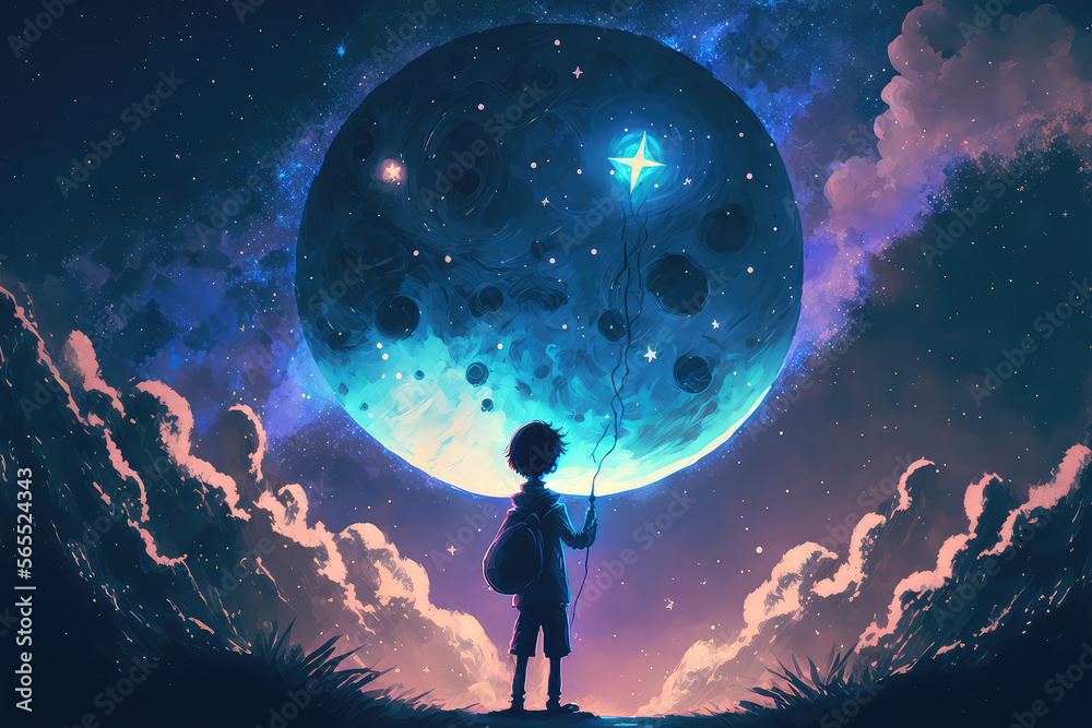 illustration painting of the boy holding glowing star standing against hanging stars in the beautiful sky, digital art style. (ai generated) illustration painting of the boy holding glowing star standing against hanging stars in the beautiful sky, digital art style. (ai generated)