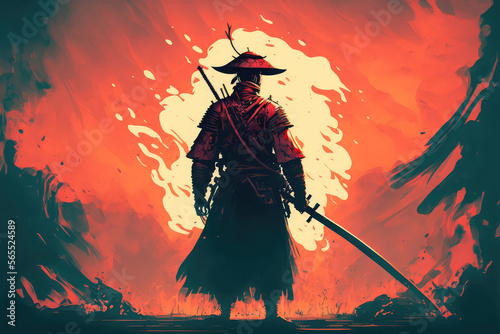 illustration painting of Samurai standing on stairway in night fire forest background. (ai generated)