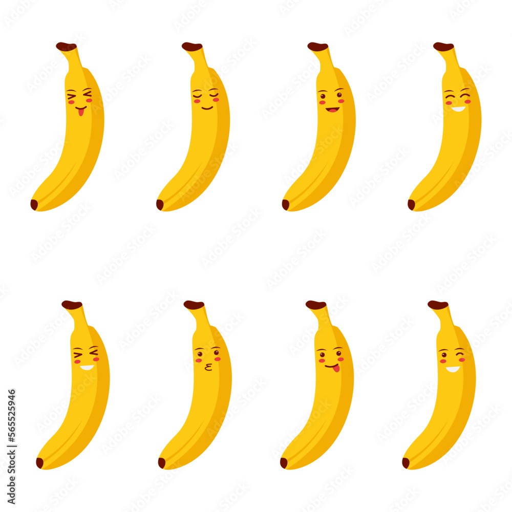 A collection of fun, cute, and playful vector illustrations of bananas with different expressive faces is perfect for use in food designs, children's books, greeting cards, or other creative projects.