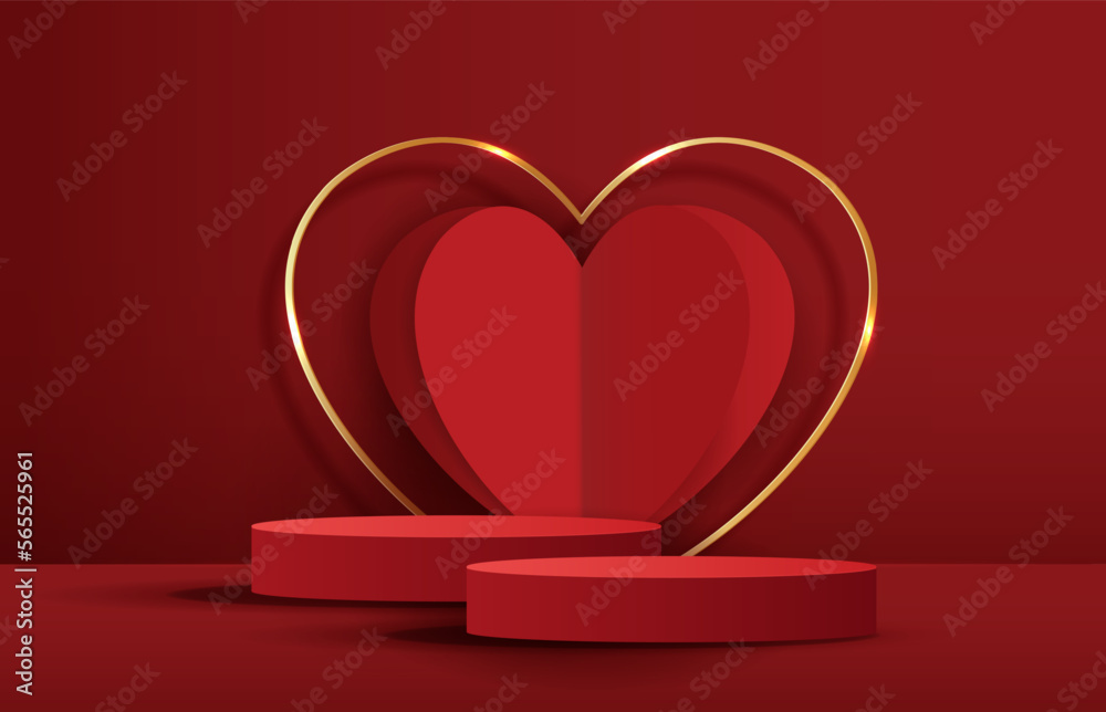 Red podium display background products for valentine’s day in love platform. stand to show cosmetic with craft style. symbols of love for happy. vector design.