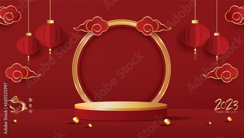 Podium stage chinese style for chinese new year and festivals or mid autumn festival with red background. mock up stage with festive lanterns and clouds. vector design.