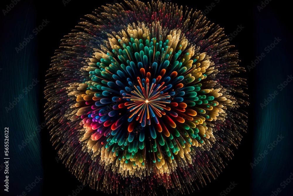 bird's eye view of a fireworks display in the sky, with the bursts creating patterns and designs in the dark sky background (AI Generated)