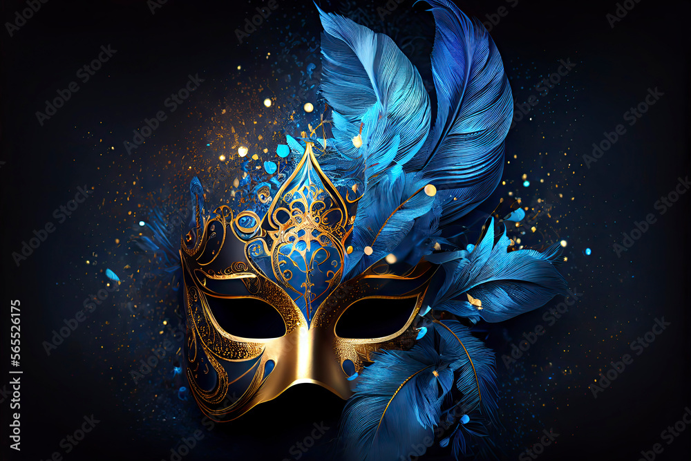 Realistic luxury carnival mask with blue feathers
