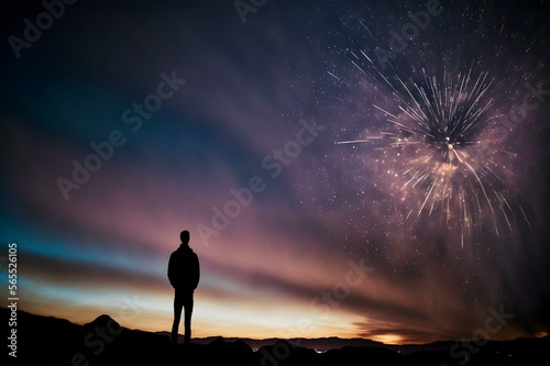 silhouette of a person standing on a hilltop, watching a fireworks display in the sky at twilight (AI Generated)