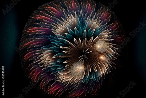 bird's eye view of a fireworks display in the sky, with the bursts creating patterns and designs in the dark sky background (AI Generated)