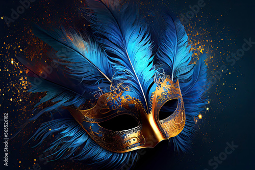 Realistic luxury carnival mask with blue feathers