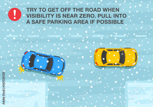 Winter season safe car driving tips and rules. Try to get off the road when visibility is near zero, pull into a safe parking area. Top view of snowy road. Flat vector illustration template.