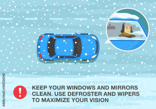Winter season safe car driving tips and rules. Keep your windows and mirrors clean, use defrosters and wipes to maximize your vision. Top view of snowy road. Flat vector illustration template.