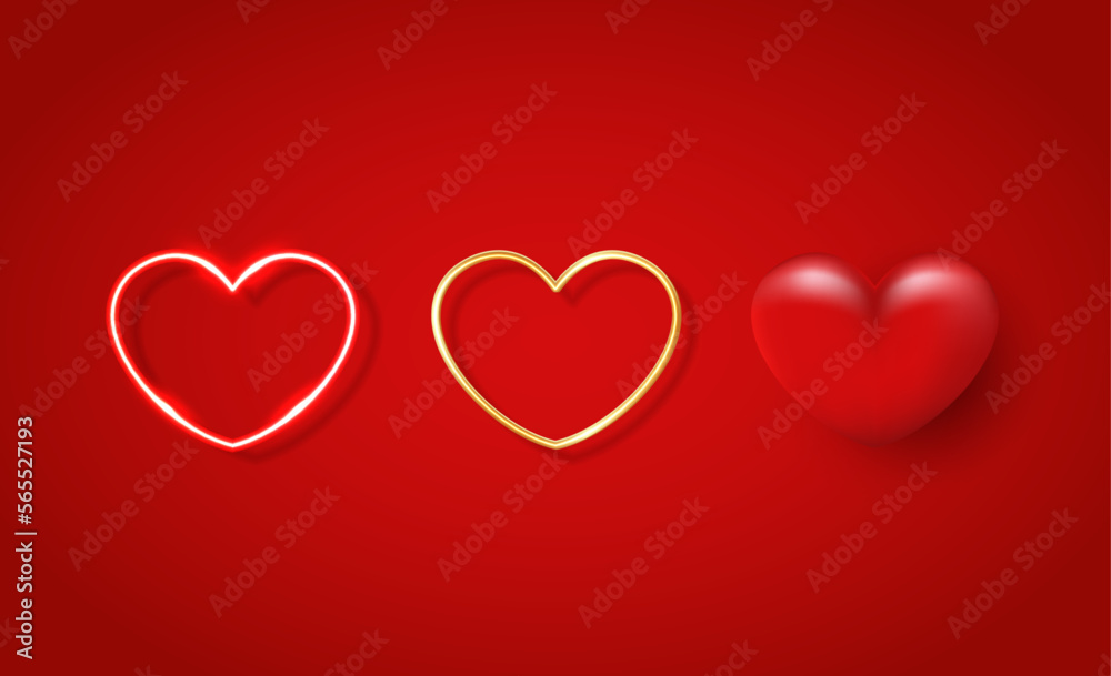 Heart shape, bright heart or neon heart on red background. suitable for happy valentine's day and mother's day decoration. Set of hearts vector design.