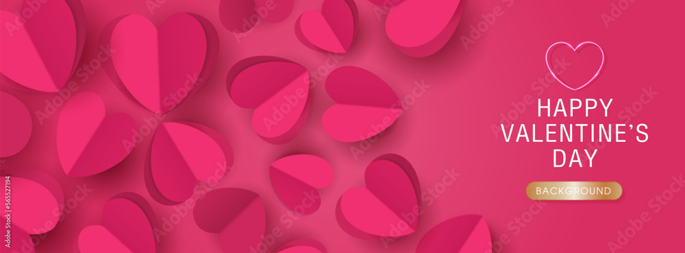 Happy Valentine's day poster or banner template. beautiful paper cut with hearts on pink background. place for text. vector design.