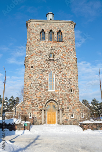 The old building of the former Lutheran church close-up on a sunny February day. Priozersk, Russia photo