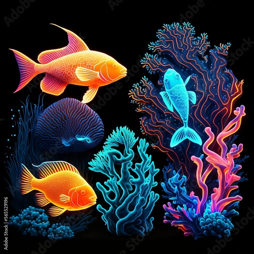 Colorful Neon Fish in Black Background