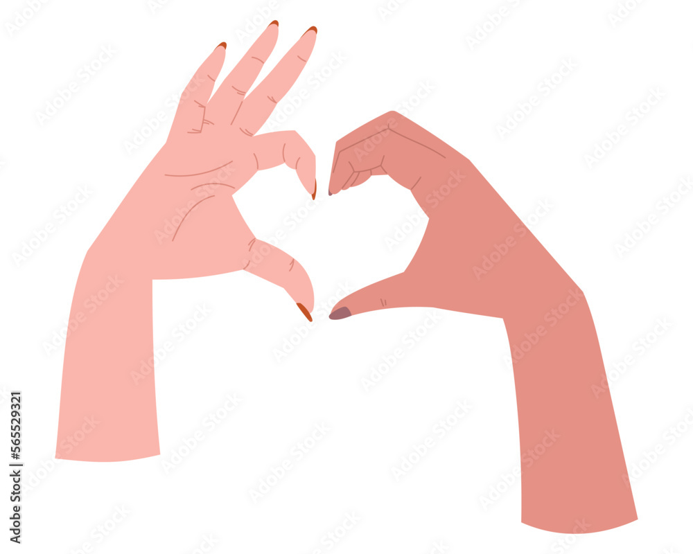 Hands of a couple of people making heart shape with their fingers. Vector isolated flat illustration. Hands of a couple of people making heart shape with their fingers. Vector isolated flat illustration.