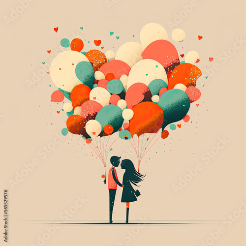 couple kiss under balloons all over the sky