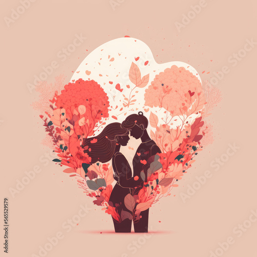 Kiss of couple in the flowers