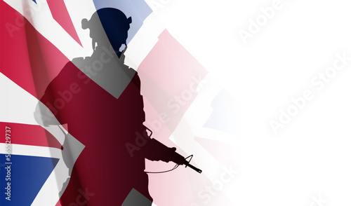 Silhouette of soldier with United Kingdom flag on white background. Background for Remembrance Day. United Kingdom Armed Forces concept. EPS10 vector