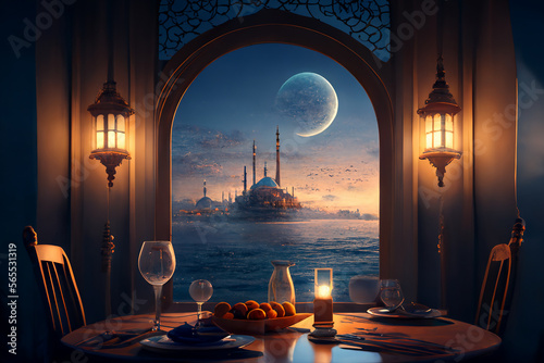 A Generative AI-generated representation of a Ramadan dinner in front of a mosque, surrounded by natural beauty
