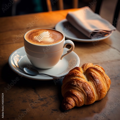 A cup of hot coffee with a croissant