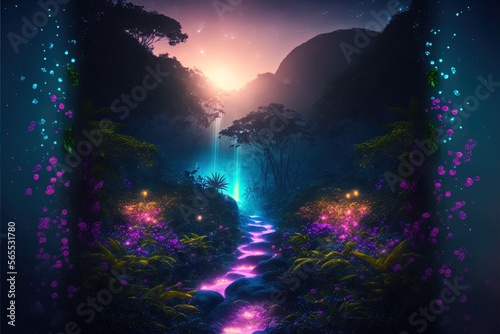 Glowing Forest Night scene with butterflies. Illuminated Light in the trees and flowers.  Beautiful fantasy Night forest scene.    generative AI digital illustration.