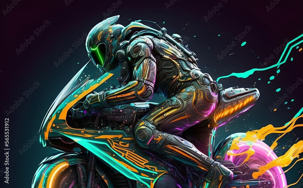 Obraz premium Futuristic neon style racing motorbike, generate ai