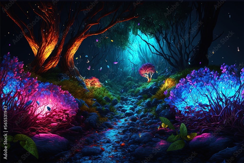 Glowing Forest Night scene with butterflies. Illuminated Light in the ...